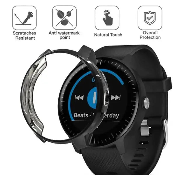 Black Habicare protective watch case for Garmin Vivoactive 3, designed to shield the smartwatch from scratches and everyday damage.