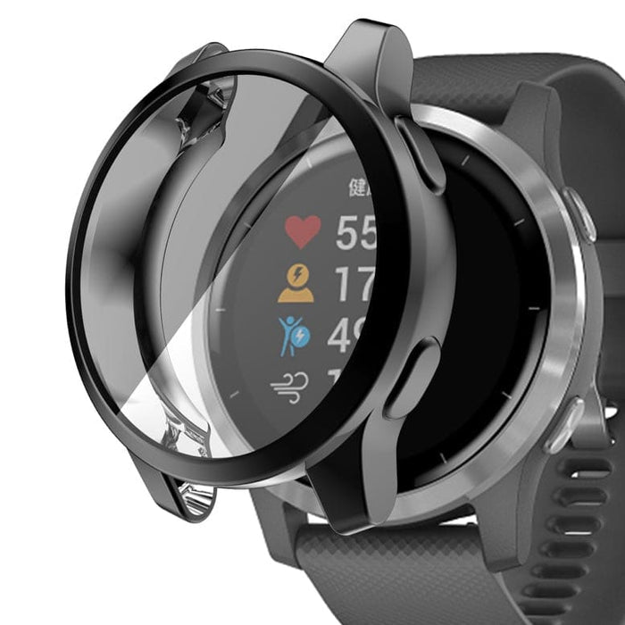 Black protective case for Garmin Vivoactive 4 watch, made by That Watch Shop, showing the durable cover on the smartwatch.