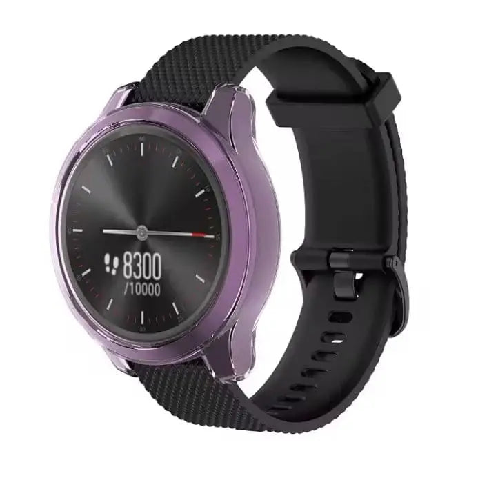 Purple Habicare protective case for Garmin Vivomove Style watch, showing a snug, durable cover on the watch face and band.