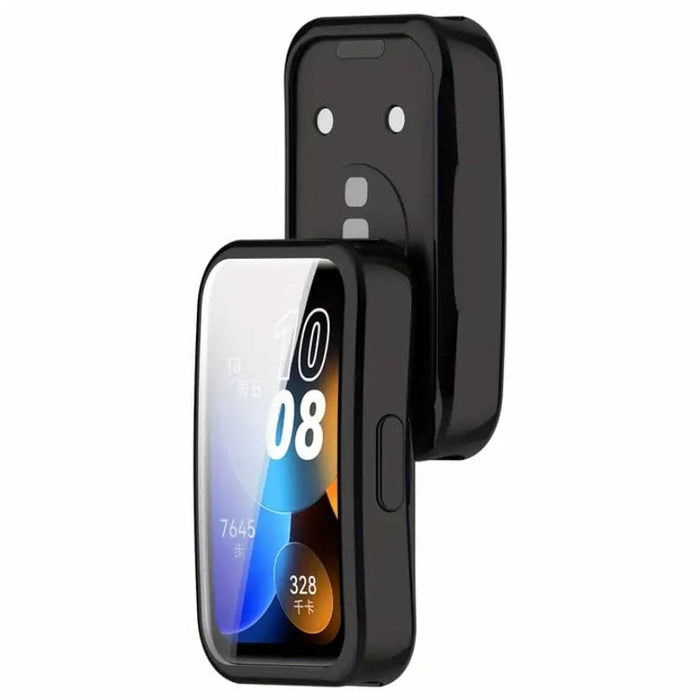 Black protective case for Huawei Band 10 smartwatch with screen protector, designed to shield the watch face from scratches and damage.