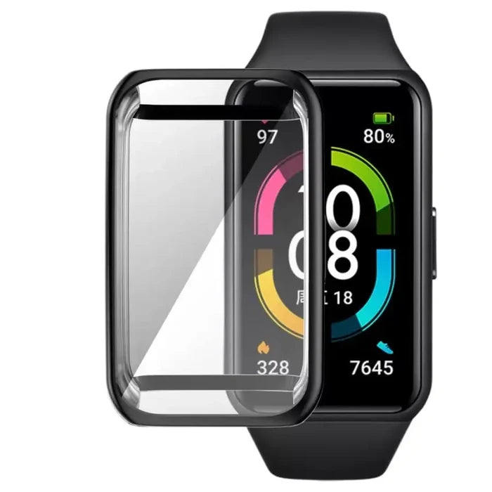 Black Habicare protective watch case for Huawei Band 6, designed to safeguard the fitness tracker from scratches and impacts.