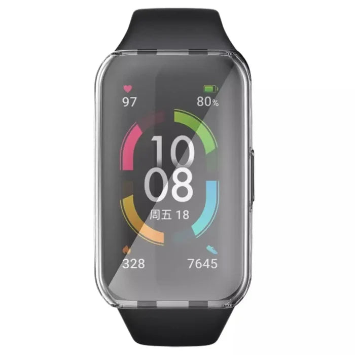 Clear protective case for Huawei Band 6 by Habicare, showing the transparent watch cover on the device.
