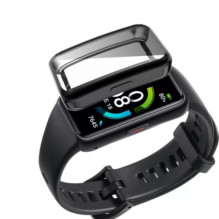 Black protective case for Huawei Band 7 watch, designed to safeguard and enhance the band with a sleek, snug fit.
