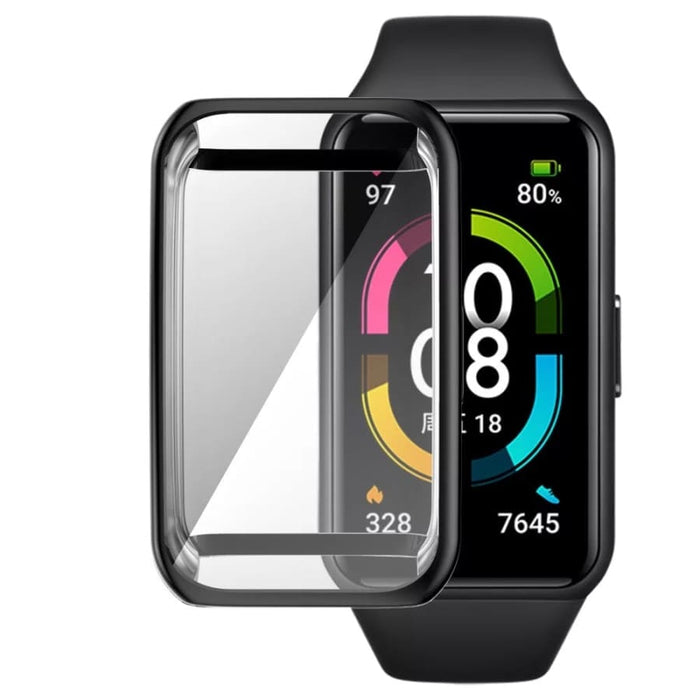 Black protective watch case for Huawei Band 7, made by That Watch Shop, designed to safeguard the fitness tracker.