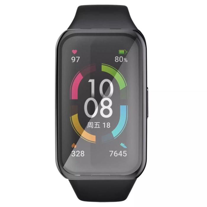 Black protective watch case for Huawei Band 7, designed to shield and secure the fitness tracker.