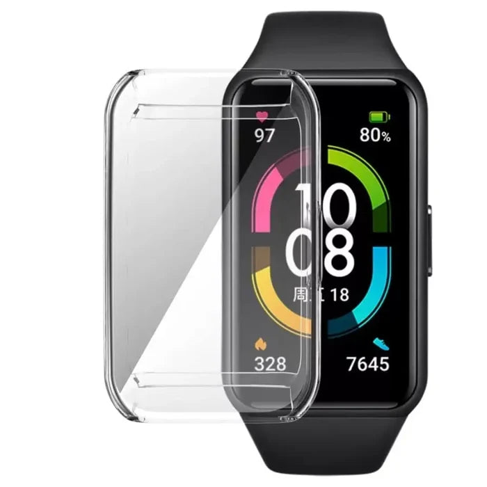 Clear Habicare protective case for Huawei Band 7, designed to safeguard the fitness tracker with a transparent, snug fit.
