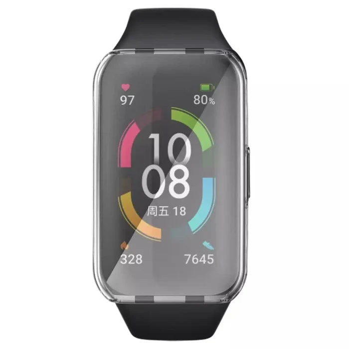 Clear protective case for Huawei Band 7 by Habicare, showing the transparent cover fitting snugly around the watch.