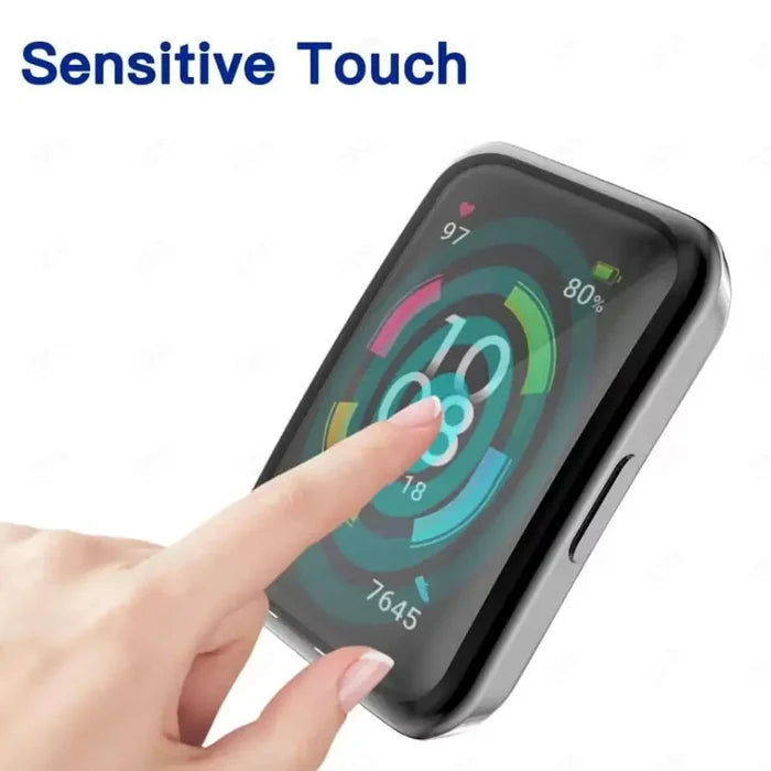Clear protective case for Huawei Band 7 by Habicare, showcasing the slim, transparent watch cover on the device.