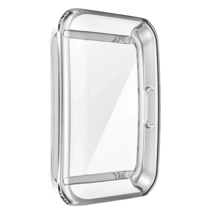 Clear Habicare protective case for Huawei Band 7 smartwatch, showing the transparent cover fitting the device.