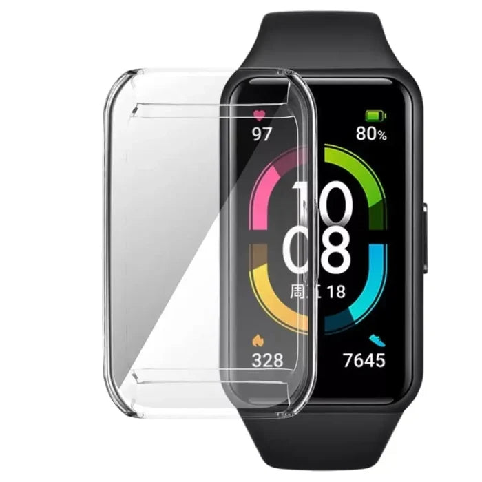 Clear protective case for Huawei Band 8 and 9 by Habicare, designed to shield the watch while showcasing its design.