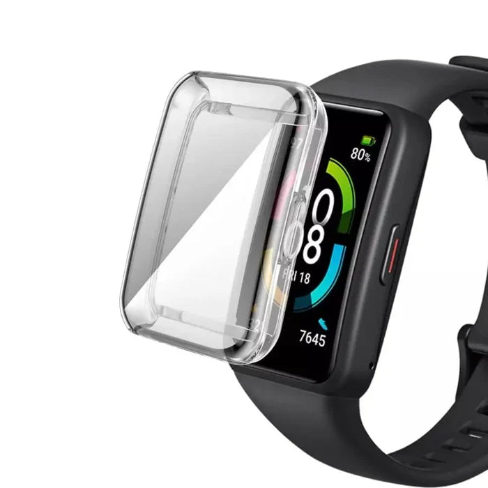 Clear protective case for Huawei Band 8 and 9, made by Habicare, shown fitted around the smartwatch in the image.