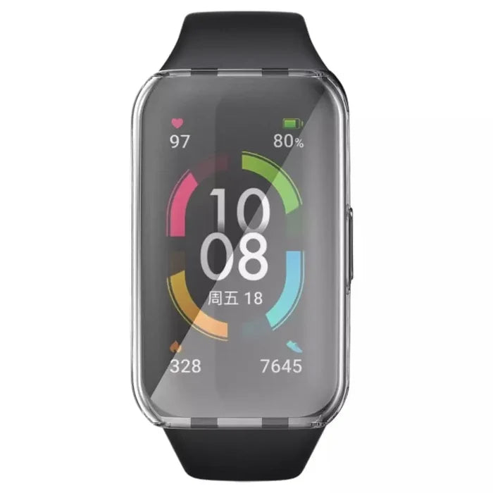 Clear protective case for Huawei Band 8 and 9 by Habicare, shown on the watch, providing durable coverage and screen protection.