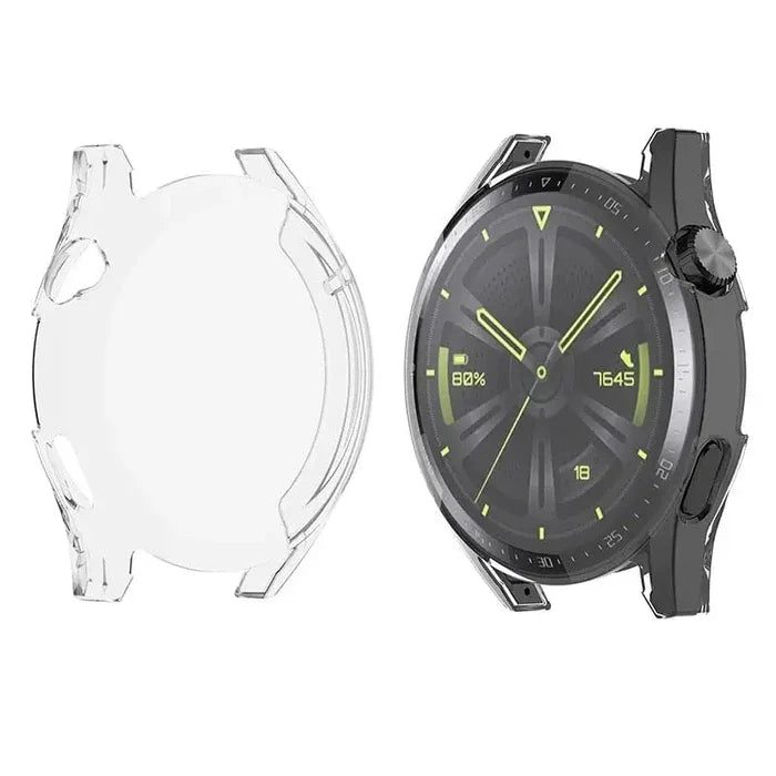 Clear protective case for Huawei GT 46mm smartwatch by Habicare, shown on the watch with transparent, durable material.