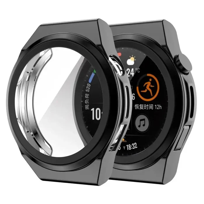 Black Habicare protective case for Huawei GT Runner smartwatch, showing a snug fit and durable material.