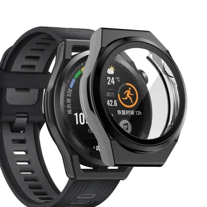 Black Habicare protective watch case for Huawei GT Runner, providing durable coverage and style for the smartwatch.