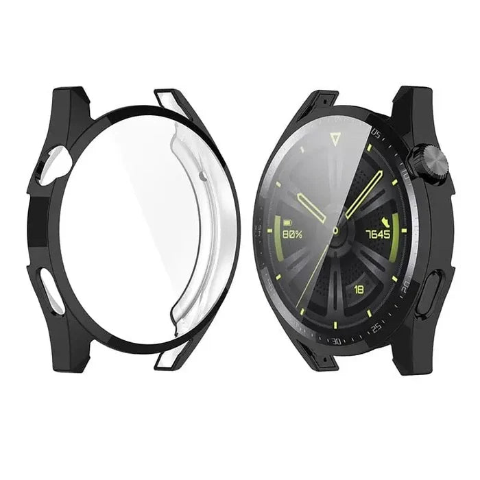 Black Habicare protective watch case for Huawei GT3 Pro 46mm, designed to safeguard the smartwatch with durable material.