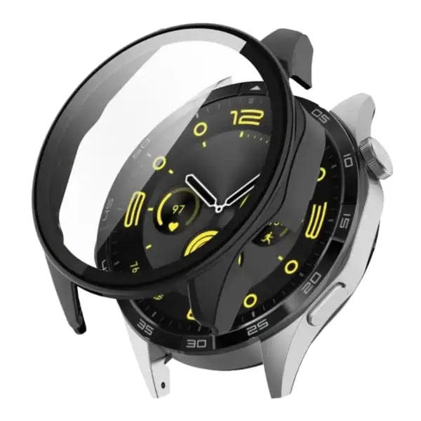 Black Habicare protective case for Huawei GT4 46mm smartwatch, showing snug fit and durable material protection for the watch face and band.
