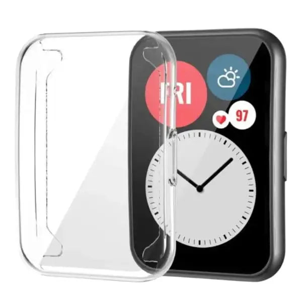 Clear protective case for Huawei Watch Fit 2 by Habicare, showing the transparent, snug-fit design around the smartwatch.