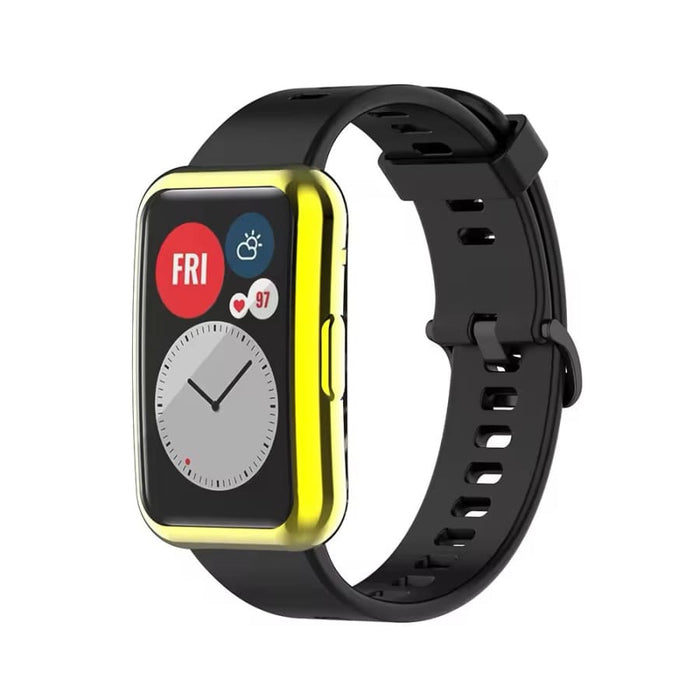 Black protective case for Huawei Watch Fit 2 smartwatch, featuring gold accents, designed by That Watch Shop.