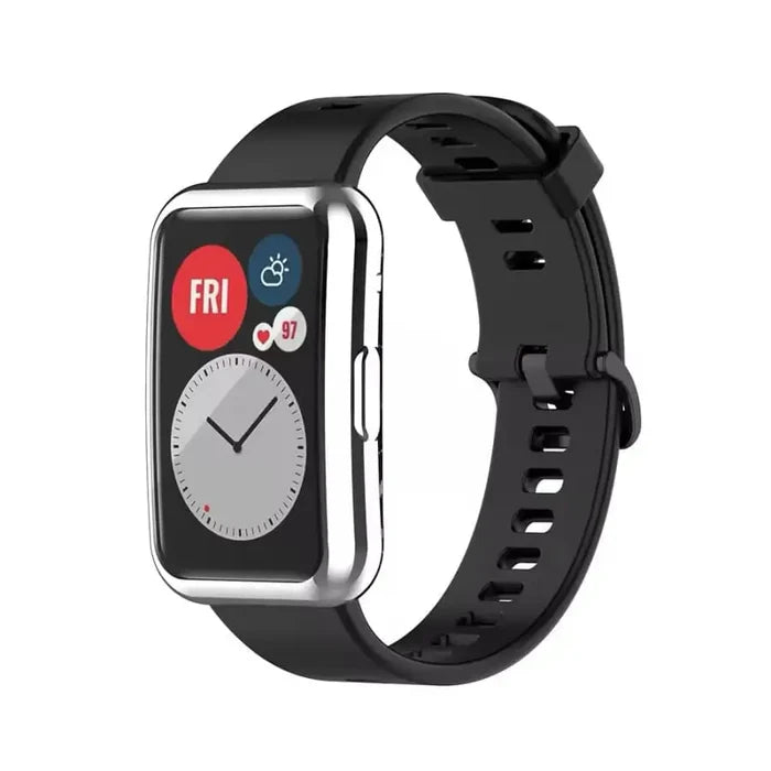 Silver Habicare protective case for Huawei Watch Fit 2, designed to safeguard the watch with a sleek, durable cover.