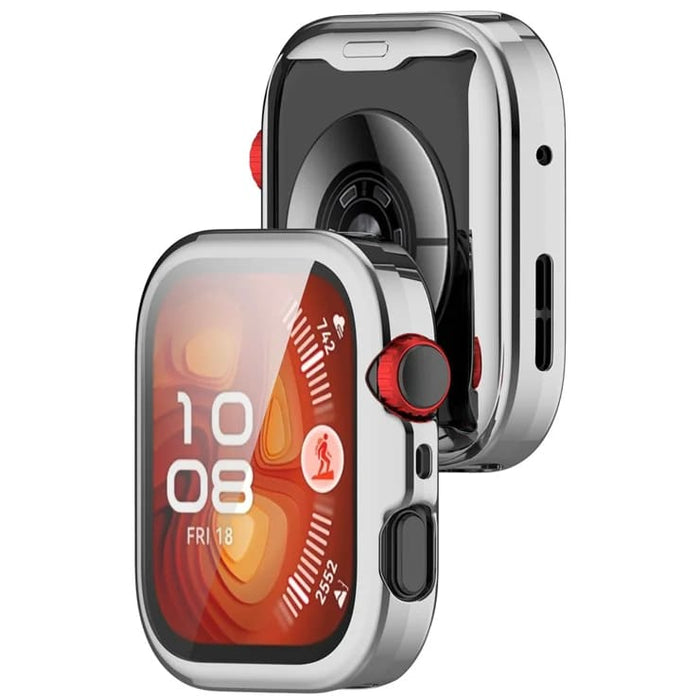 Shiny silver protective case and screen protector for Huawei Watch Fit 4 Pro smartwatch, designed to shield and enhance the device.