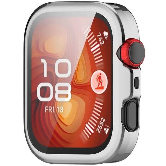Silver protective case and screen protector for Huawei Watch Fit 4 Pro, designed to safeguard the smartwatch.