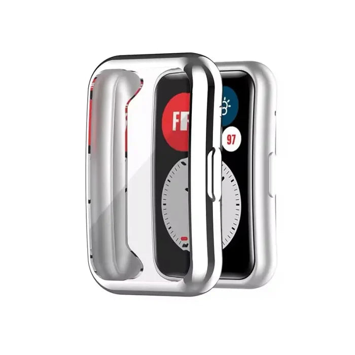 Silver Habicare protective case for Huawei Watch Fit, made of durable material, fits snugly around the smartwatch for protection.