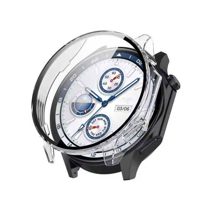 Clear protective case for OnePlus Watch 2, made by That Watch Shop, showcasing a transparent, snug-fit watch cover.