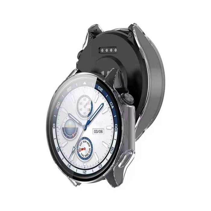 Clear protective case for OnePlus Watch 2, made by That Watch Shop, shown on a smartwatch with a transparent cover.