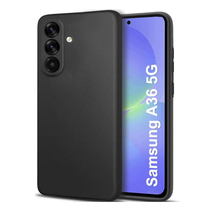 Black protective case and screen protector for Samsung Galaxy A36 5G by 9eight5, showing the sleek phone with durable coverage