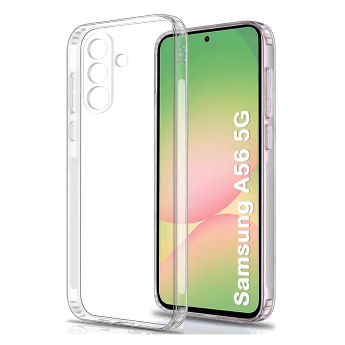 Clear protective case and screen protector for Samsung Galaxy A56 5G by 9eight5, showing the case's transparent design and precise fit.