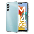 Clear protective case for Samsung Galaxy M14 with built-in screen protector by 9eight5, showing the transparent case on the phone.