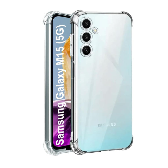 Clear protective case and screen protector for Samsung Galaxy M15 5G by 9eight5, showing the transparent design and precise fit.