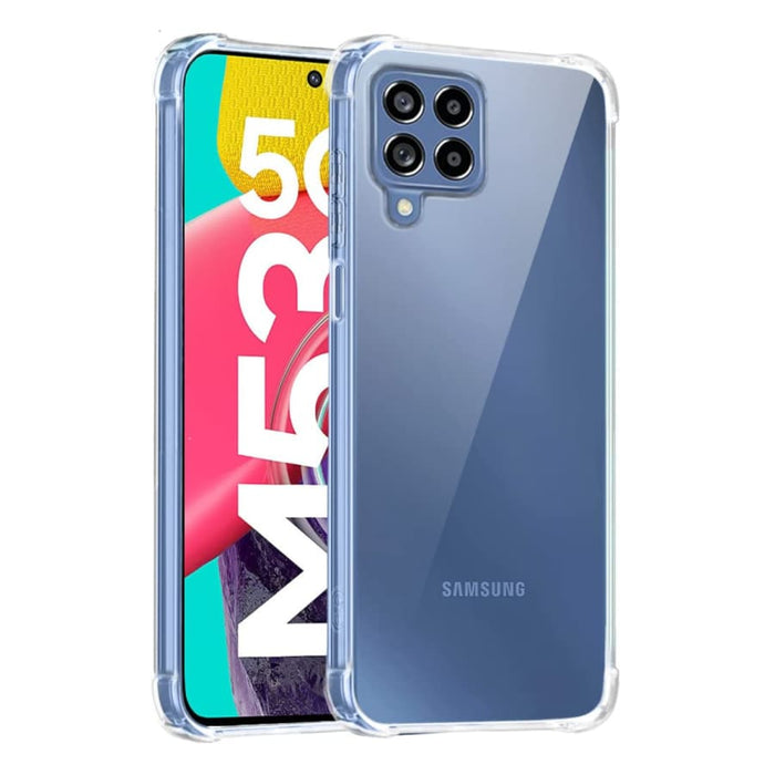 Clear protective case and screen protector for Samsung Galaxy M53 5G by 9eight5, showing the transparent design and precise fit.