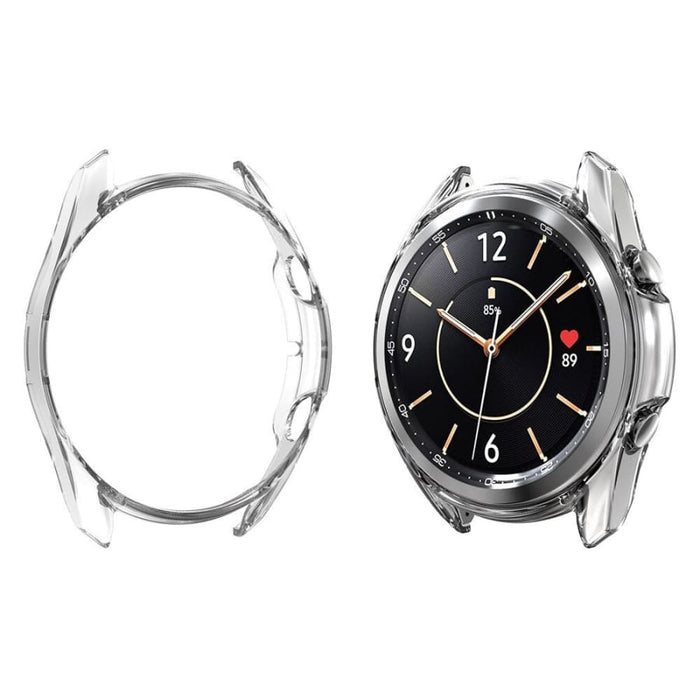 Clear protective case for Samsung Galaxy Watch 3 41mm, made by That Watch Shop, shown fitted on the watch with transparent design.