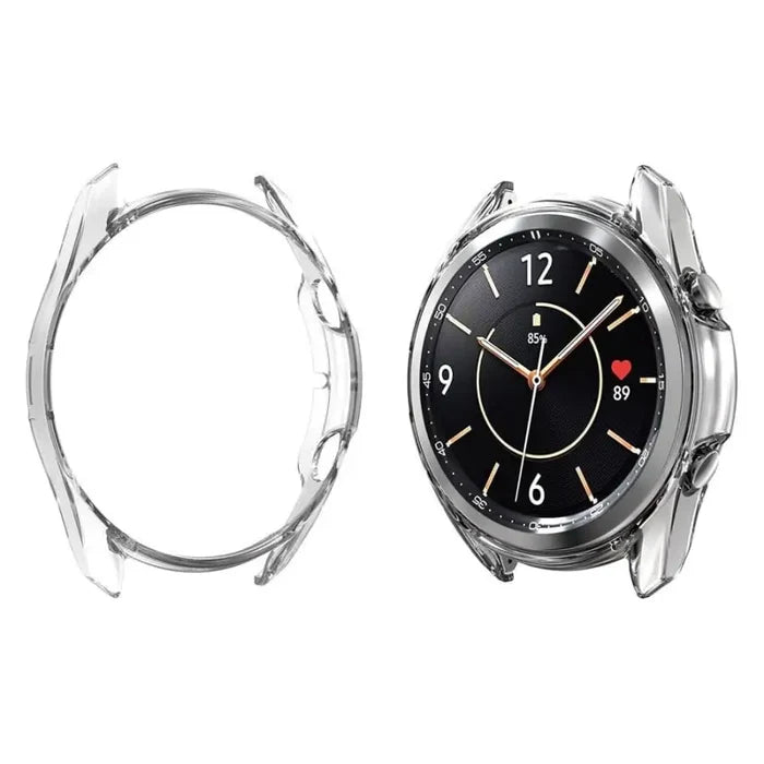 Clear protective case for Samsung Galaxy Watch 3 41mm by Habicare, showcasing the transparent design on the smartwatch.