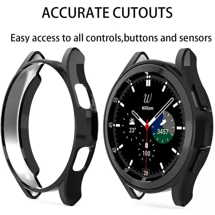 Black Habicare protective case for Samsung Galaxy Watch 4 (40mm), showing the slim, durable watch cover on the device.