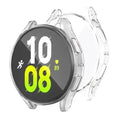 Clear Habicare protective case for Samsung Galaxy Watch 5 40mm, showing the watch with the transparent case fitted.