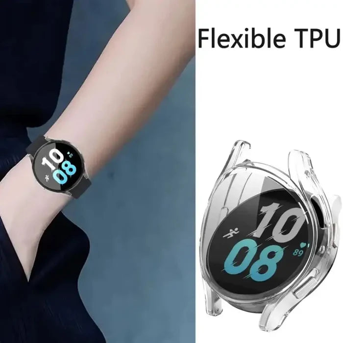 Clear protective case for Samsung Galaxy Watch 5 (40mm) by Habicare, showcasing the watch's design with transparent coverage.