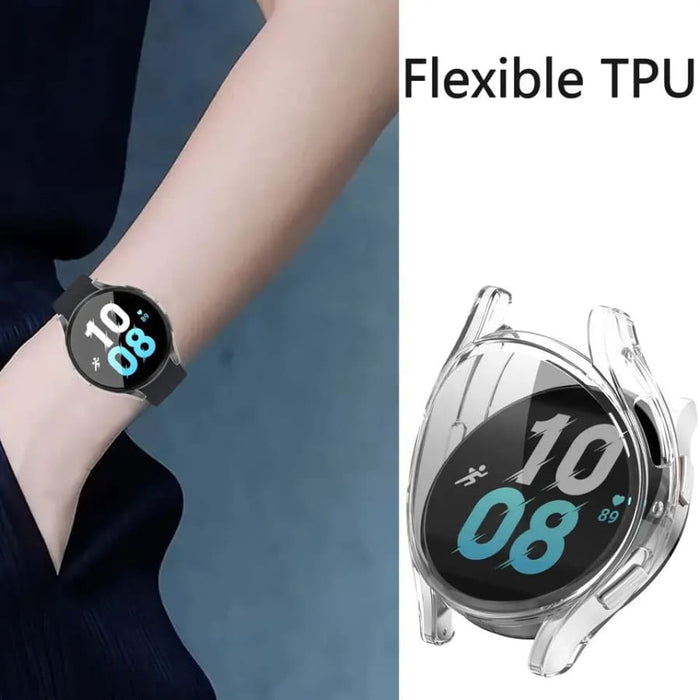Clear protective case for Samsung Galaxy Watch 5 (44mm) with precise fit, designed to safeguard the smartwatch from scratches and impacts.