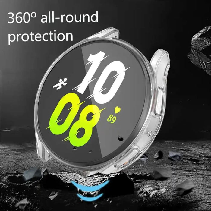 Clear protective case for Samsung Galaxy Watch 5 (44mm), designed by That Watch Shop, showing the watch with the case fitted.