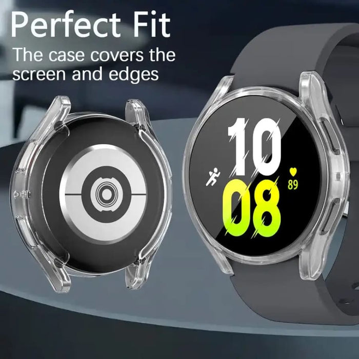Clear protective case for Samsung Galaxy Watch 5 44mm, designed to safeguard the smartwatch with transparent coverage.