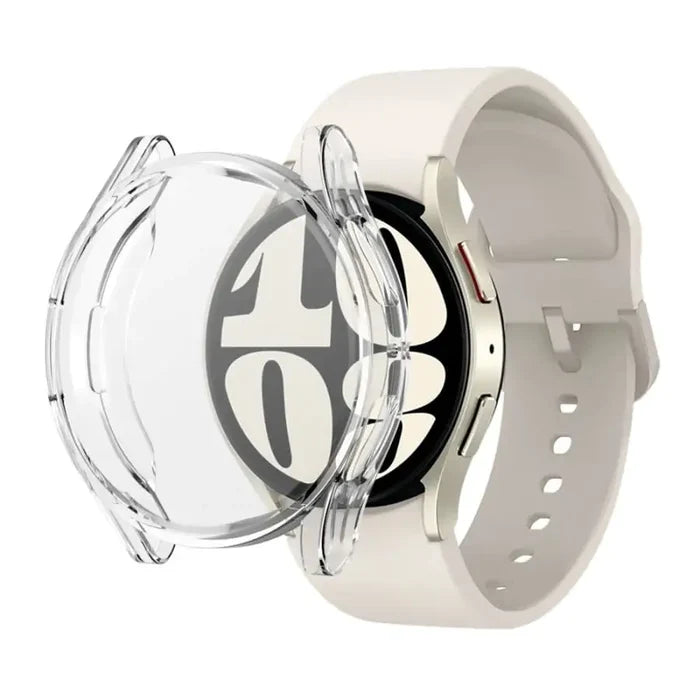 Clear protective case for Samsung Galaxy Watch 6 40mm by Habicare, showing the transparent design on the watch face.