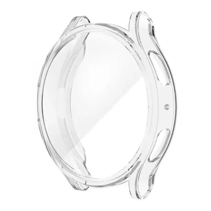 Clear protective case for Samsung Galaxy Watch 6 44mm by Habicare, showing the transparent design fitted on the watch.
