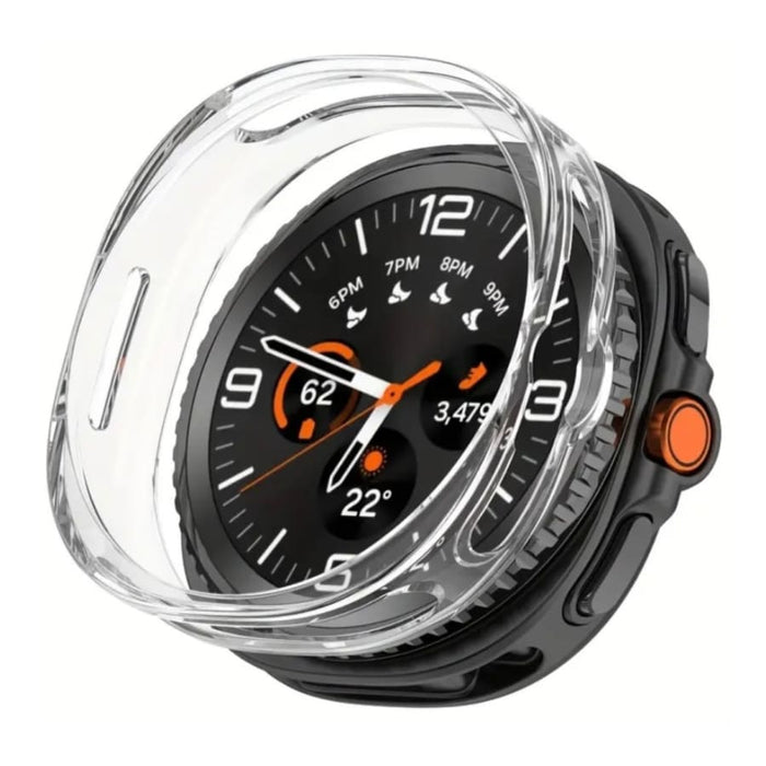 Clear protective case for Samsung Galaxy Watch 8 Classic with screen protector, showcasing a transparent design for added device protection.