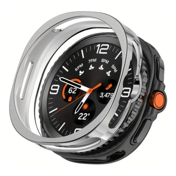 Samsung Galaxy Watch 8 Classic silver protective case with screen protector, designed for durable smartwatch protection.