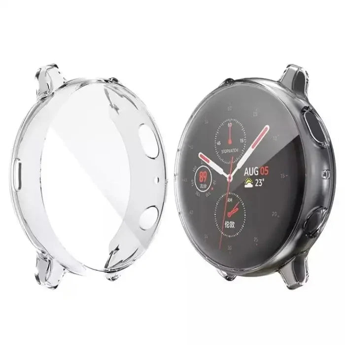 Clear protective case for Samsung Galaxy Watch Active 2 40mm by Habicare, showing the transparent watch cover with precise cutouts.