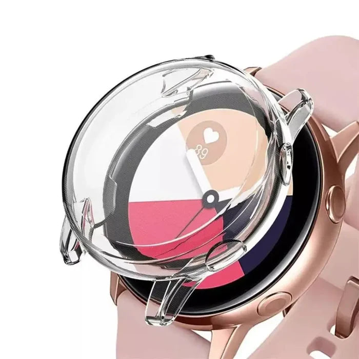 Clear protective case for Samsung Galaxy Watch Active 2 40mm by Habicare, showing the transparent watch cover on the device.