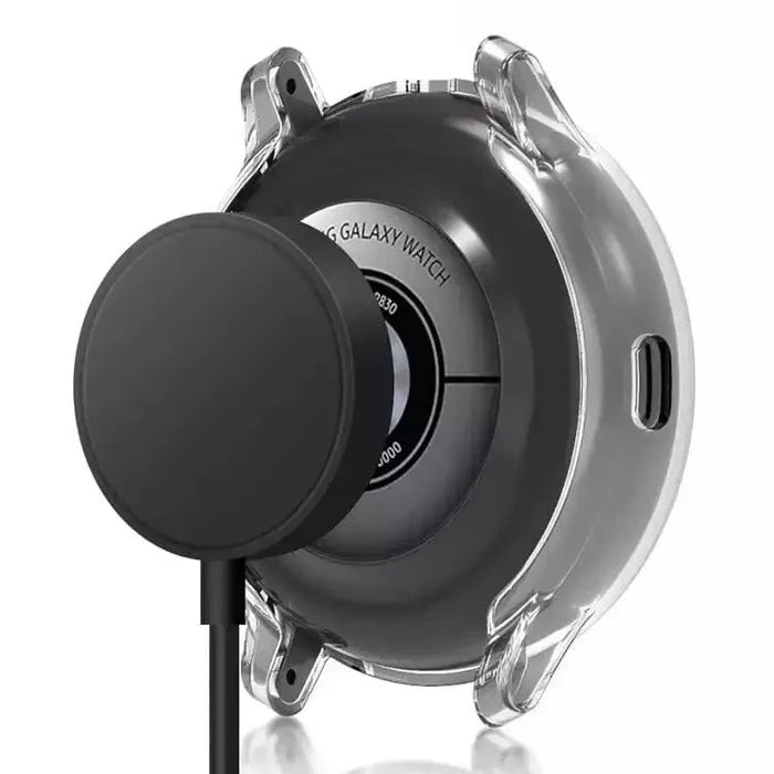 Clear protective case for Samsung Galaxy Watch Active 2 40mm by Habicare, showing the transparent watch cover on the device.