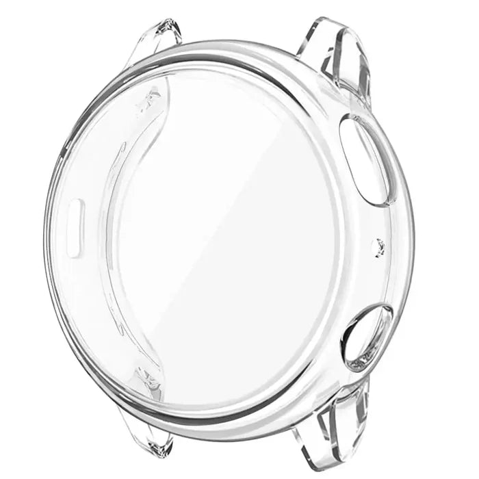 Clear protective case for Samsung Galaxy Watch Active 2 40mm by Habicare, showing the watch with the transparent case fitted.